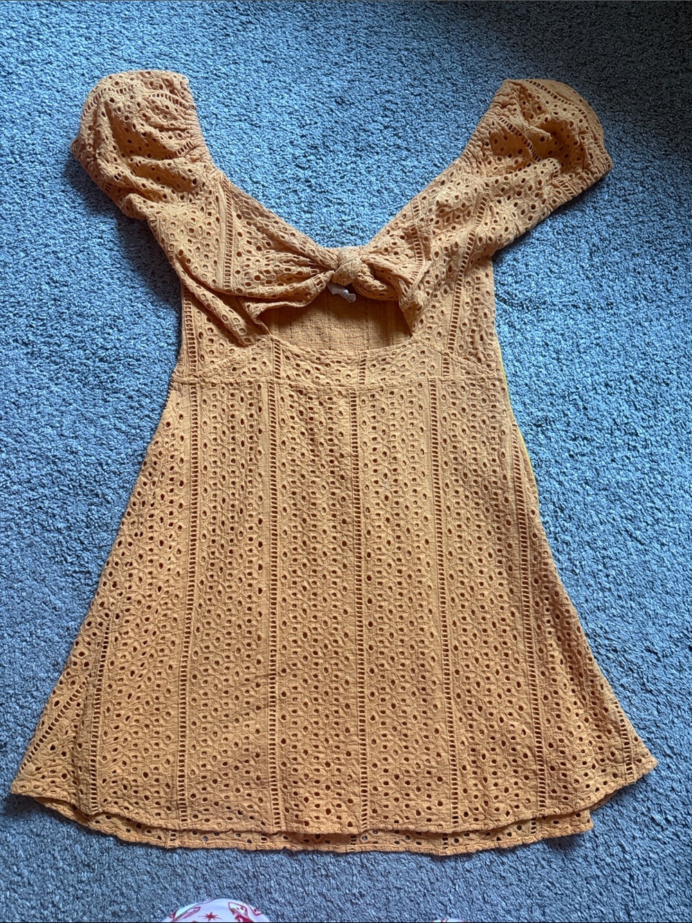 Agua by Agua Bendita Mustard Eyelet Mini Dress with Puff Sleeves